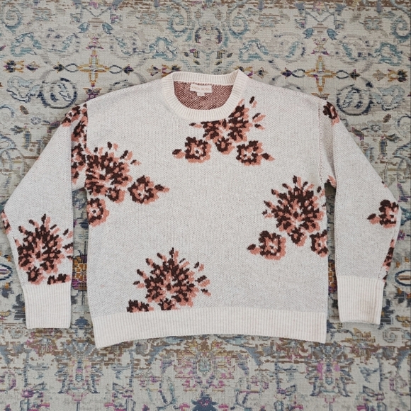 Knox Rose Sweaters - Knox Rose Women's Cable Knit Dusty Floral Cream Peach Brown Pullover Sweater XS